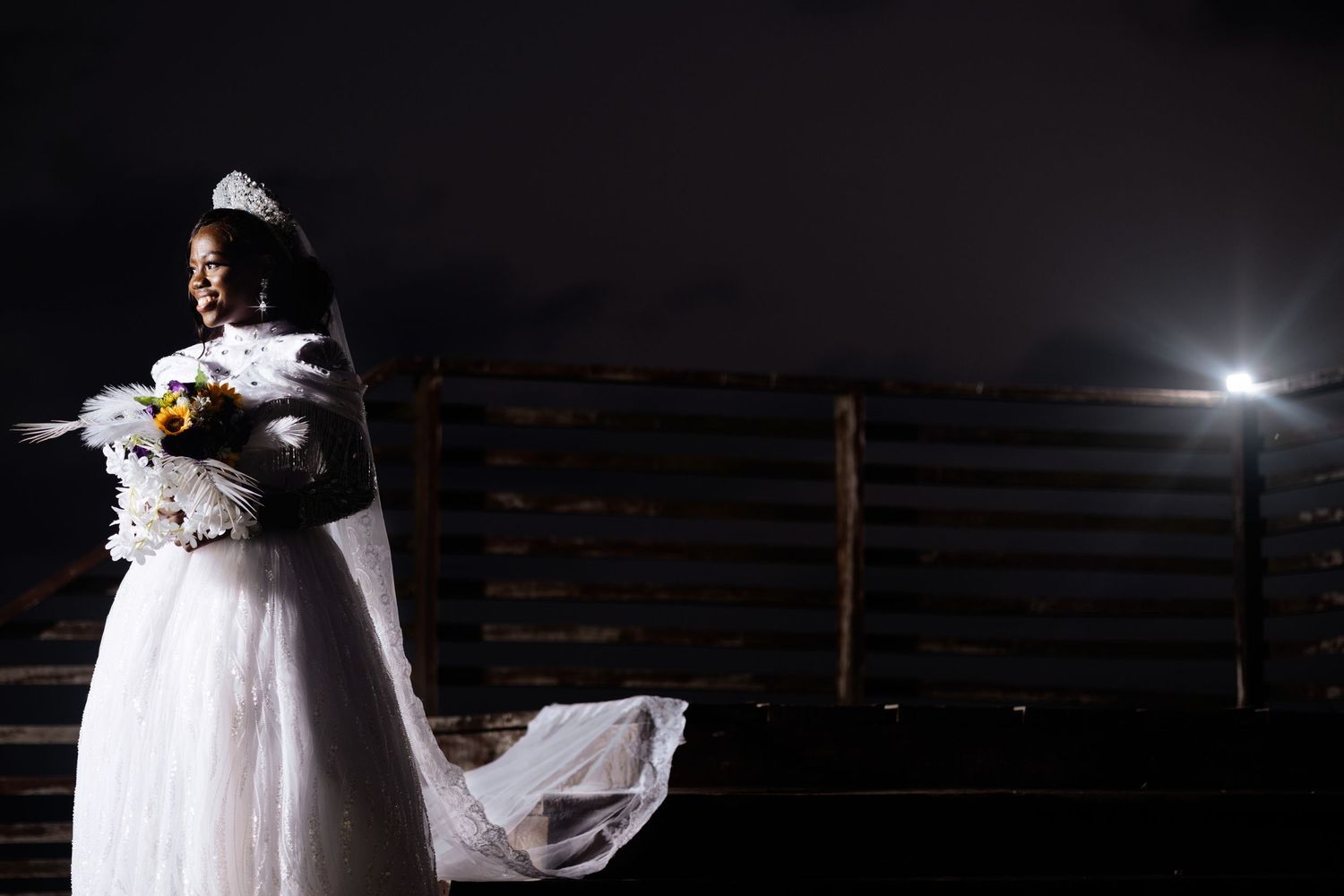 A romantic wedding photoshoot silhouette against a dark background with dramatic lighting.