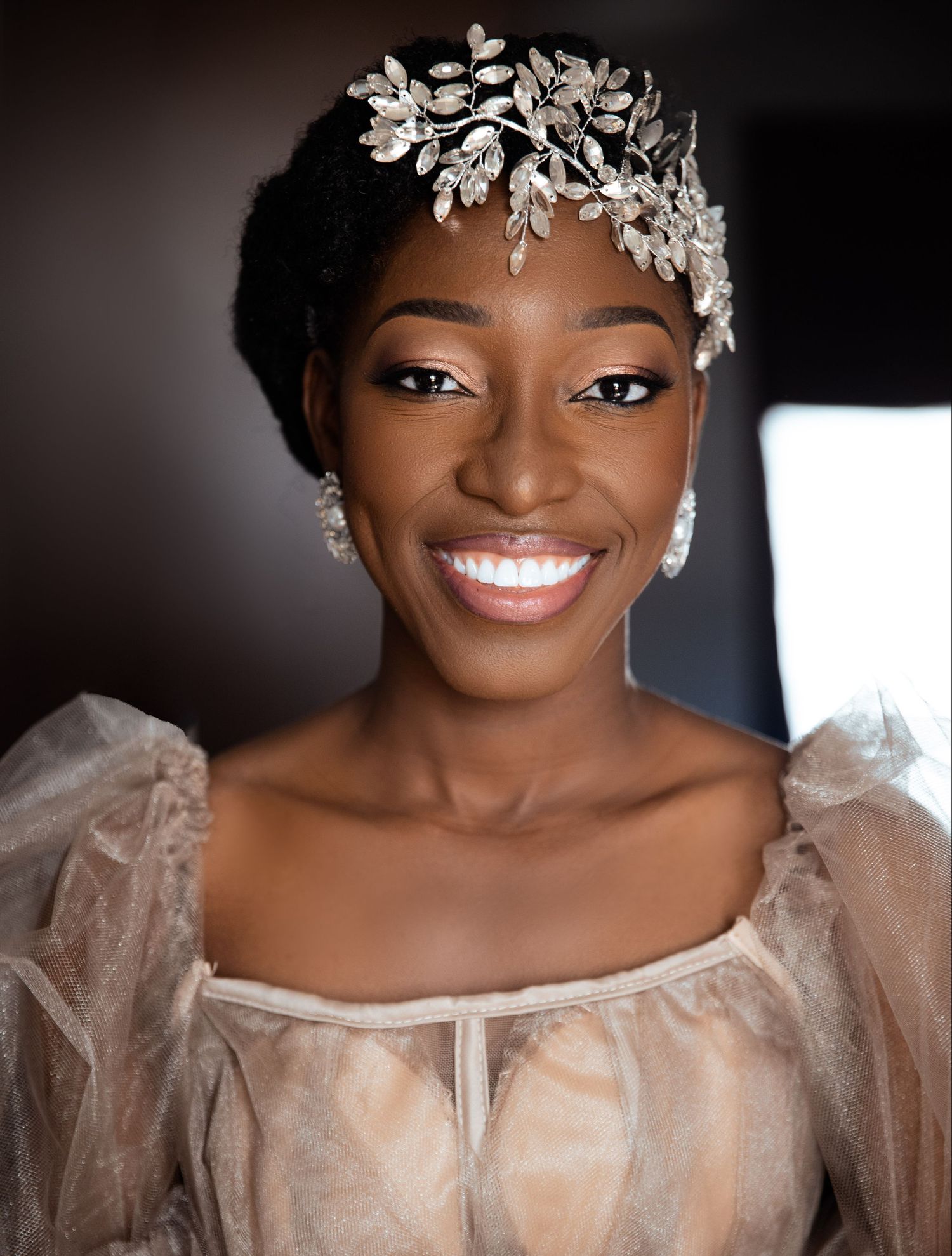 A bridal portrait featuring an elegant crystal headpiece and sheer dress.