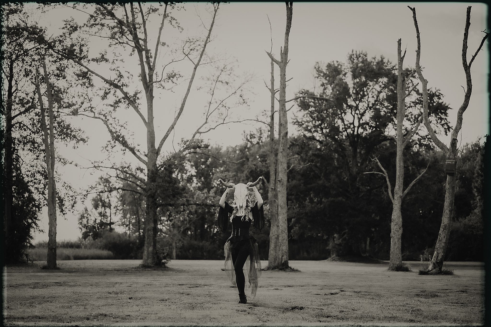 A vintage black and white photograph shows someone walking on a path through a wooded area.