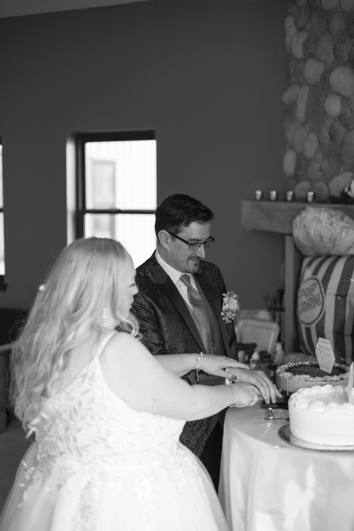 Bride and Groom cake cutting indoor reception in Chatham, Illinois