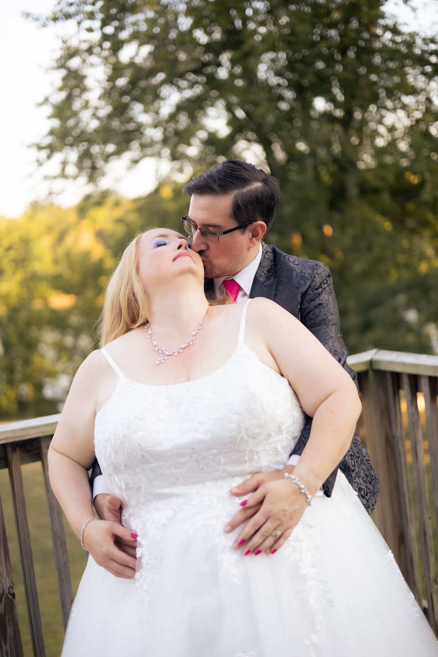 Bride and groom golden hour, lakeside, outdoor portraits in Chatham, Illinois
