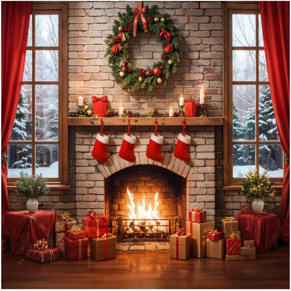 Cozy Christmas living room with brick fireplace, red stockings, wreaths, and warm glowing fire creating festive ambiance.