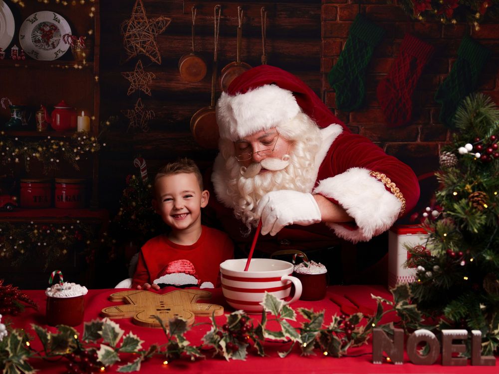 A collage of Christmas scenes with Santa Claus and children sharing cookies and milk in a festive holiday setting.