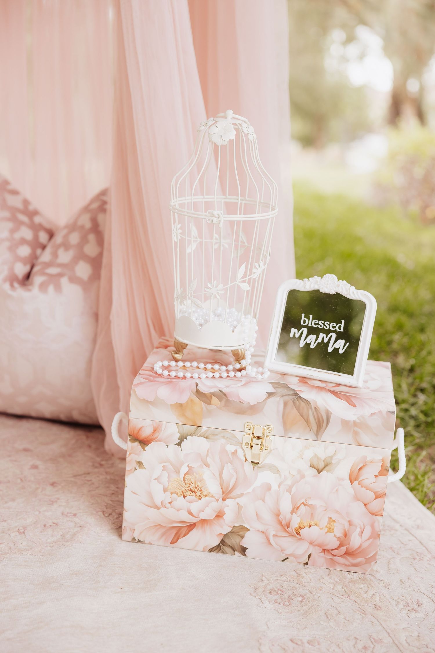 Vintage floral suitcase with decorative white birdcage and pearl necklace in soft pink romantic setting outdoors.