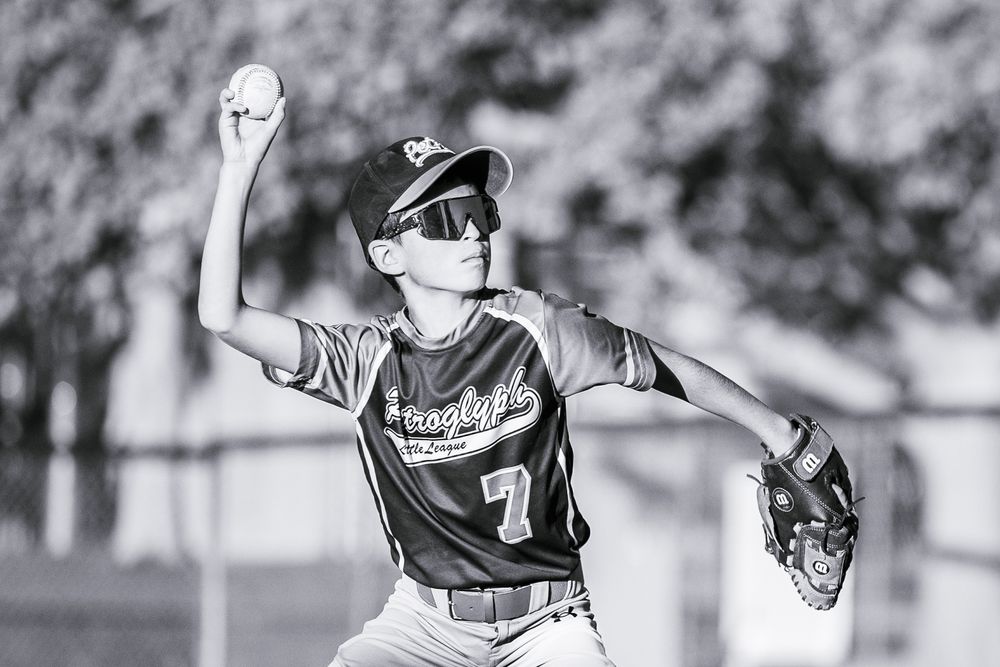 Black and white photography of Little League Baseball in Albuquerque New Mexico.