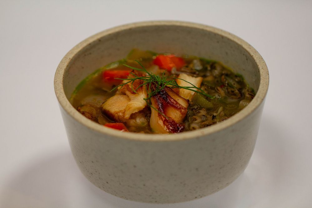 Vegan soup with lion's mane mushrooms, orange carrots and herbs served in a cream ceramic bowl on white background.