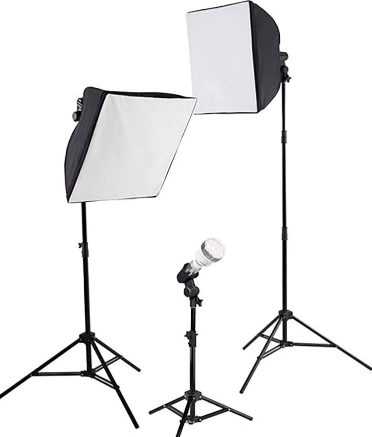 Professional photography studio lighting kit with two softboxes and adjustable light stands for portrait and product shoots.