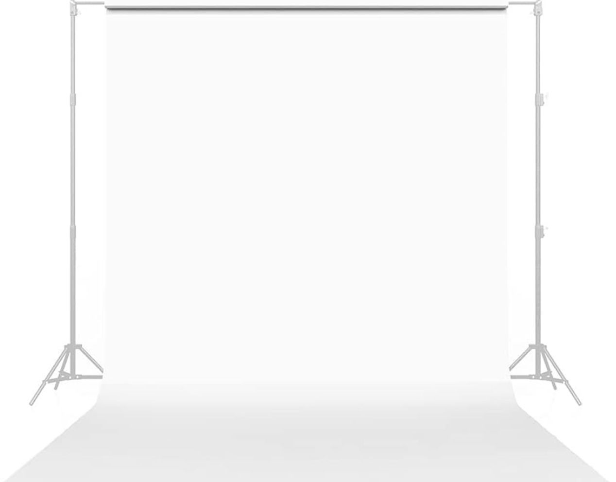 Empty white photography backdrop with metal support stands against white background.
