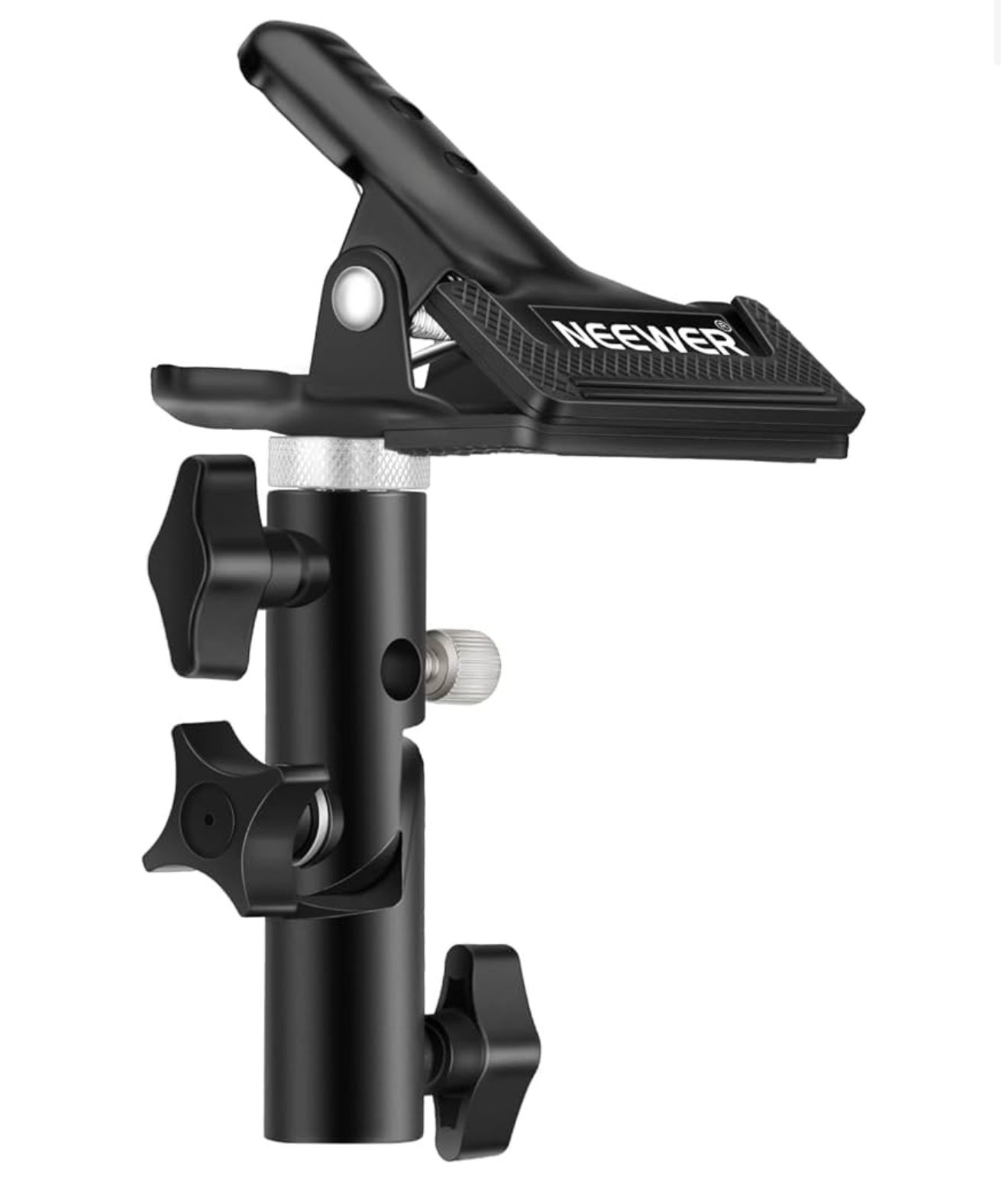 Black adjustable studio mounting clamp with swivel head and tightening knobs for camera or lighting equipment.