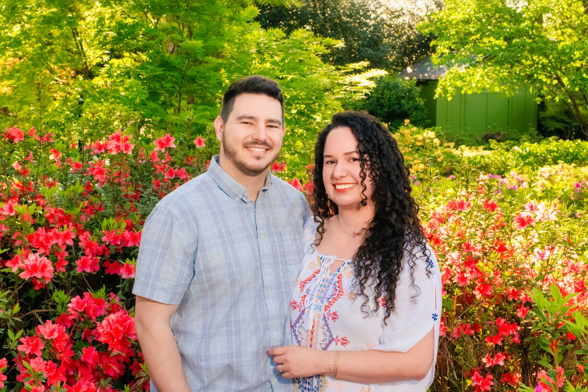 A couple embraces in front of vibrant red azalea bushes and lush green foliage in a garden setting.