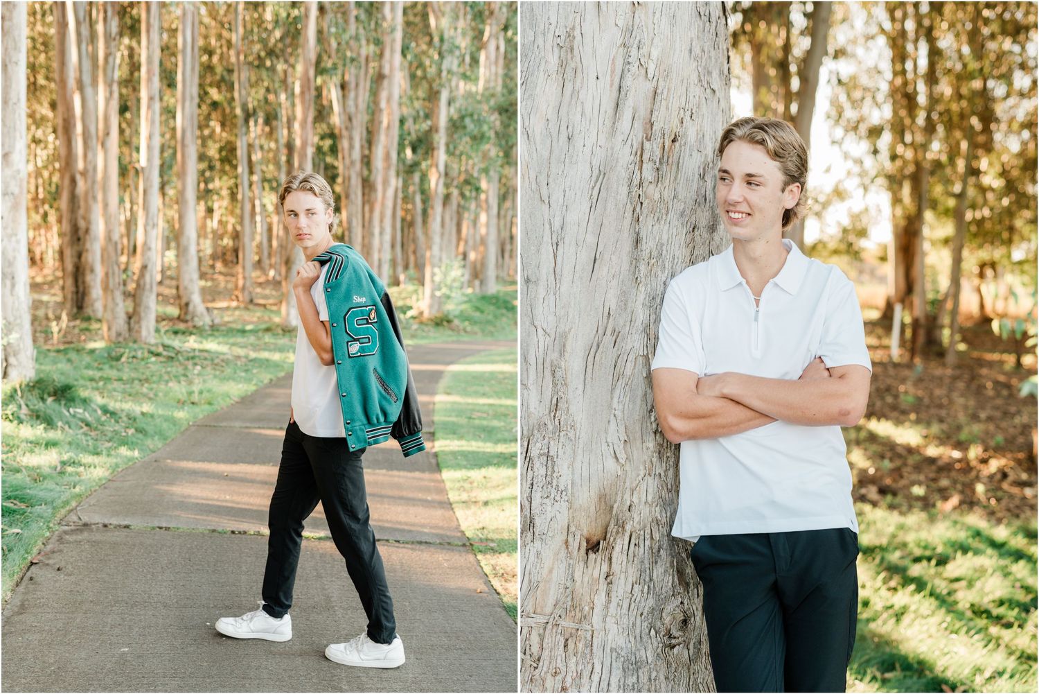 slo high senior with letterman jacket on golf course | locations for senior photos in slo county | where to do senior photos | golf senior