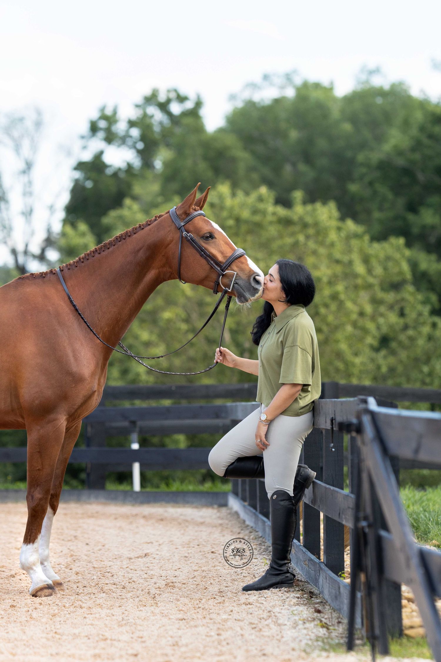 A sequence of three photos showing a person interacting playfully with a chestnut horse by a black fence in a sandy arena.