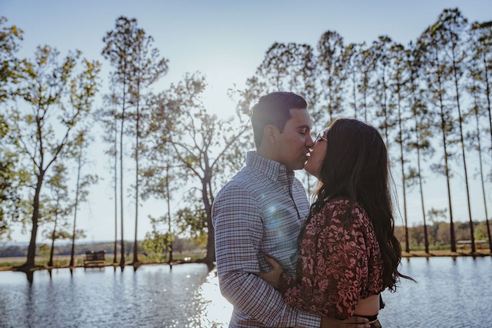 A series of intimate photos captured at a lakeside setting with pine trees in the background.
