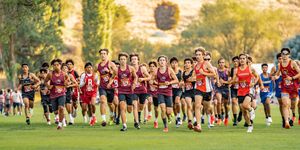Large group of runners competing in a cross country race across a grassy field.