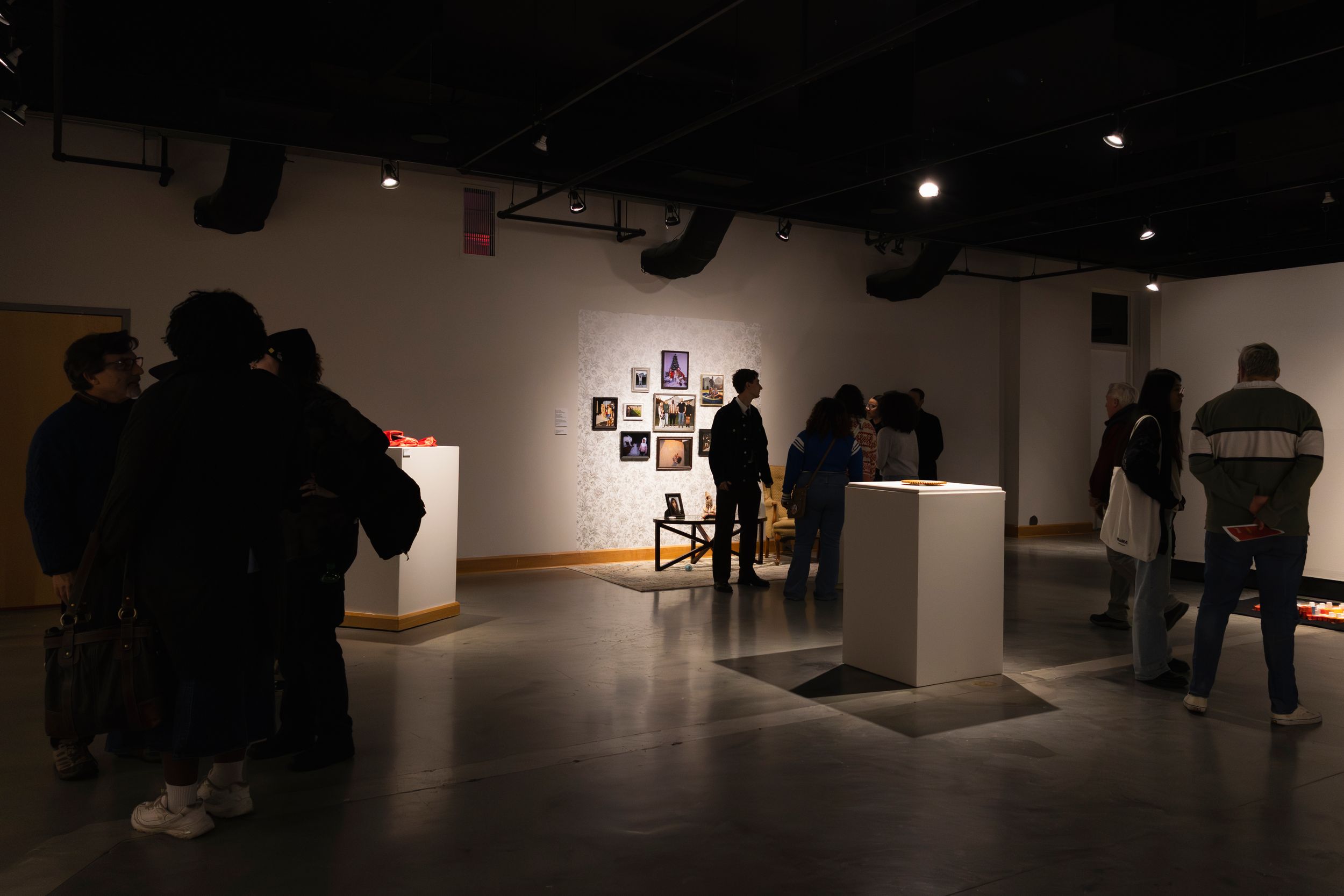 Gallery visitors view art exhibits in a dimly lit contemporary exhibition space.