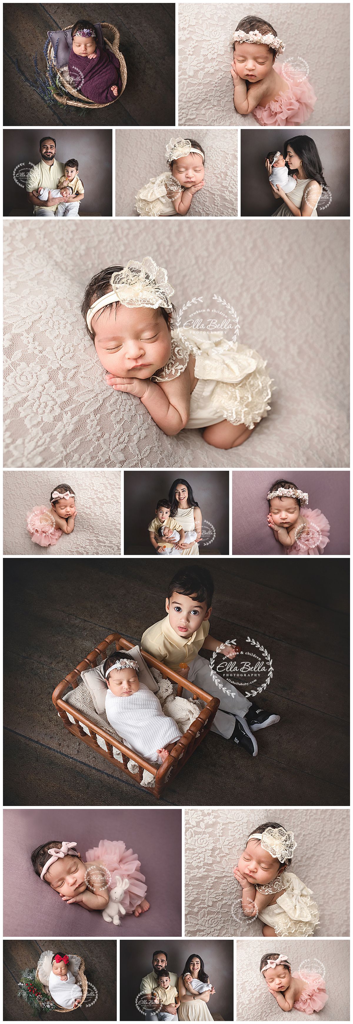 A collection of newborn photography portraits featuring soft lace, pink tutus, and wooden props in vintage style settings.