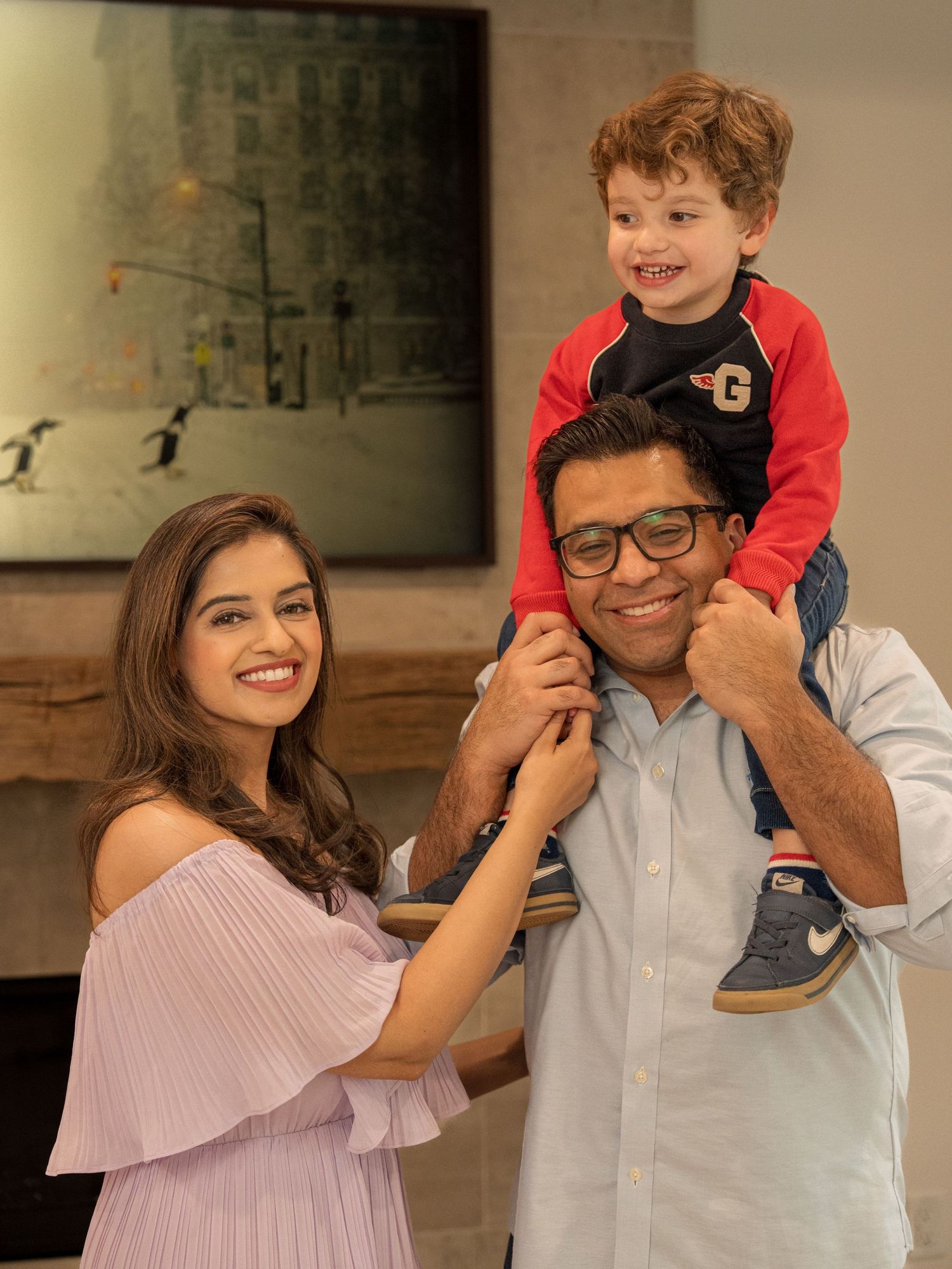 A sequence of indoor family moments showing warm interactions and playful poses in a cozy home setting.