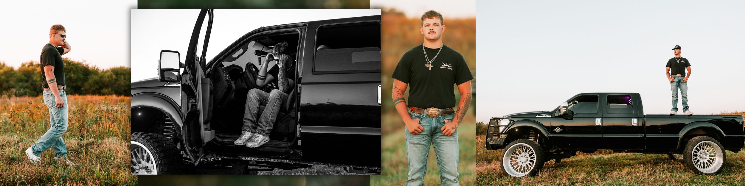 A series of outdoor lifestyle photos featuring a truck and person in rural settings against natural backdrops.