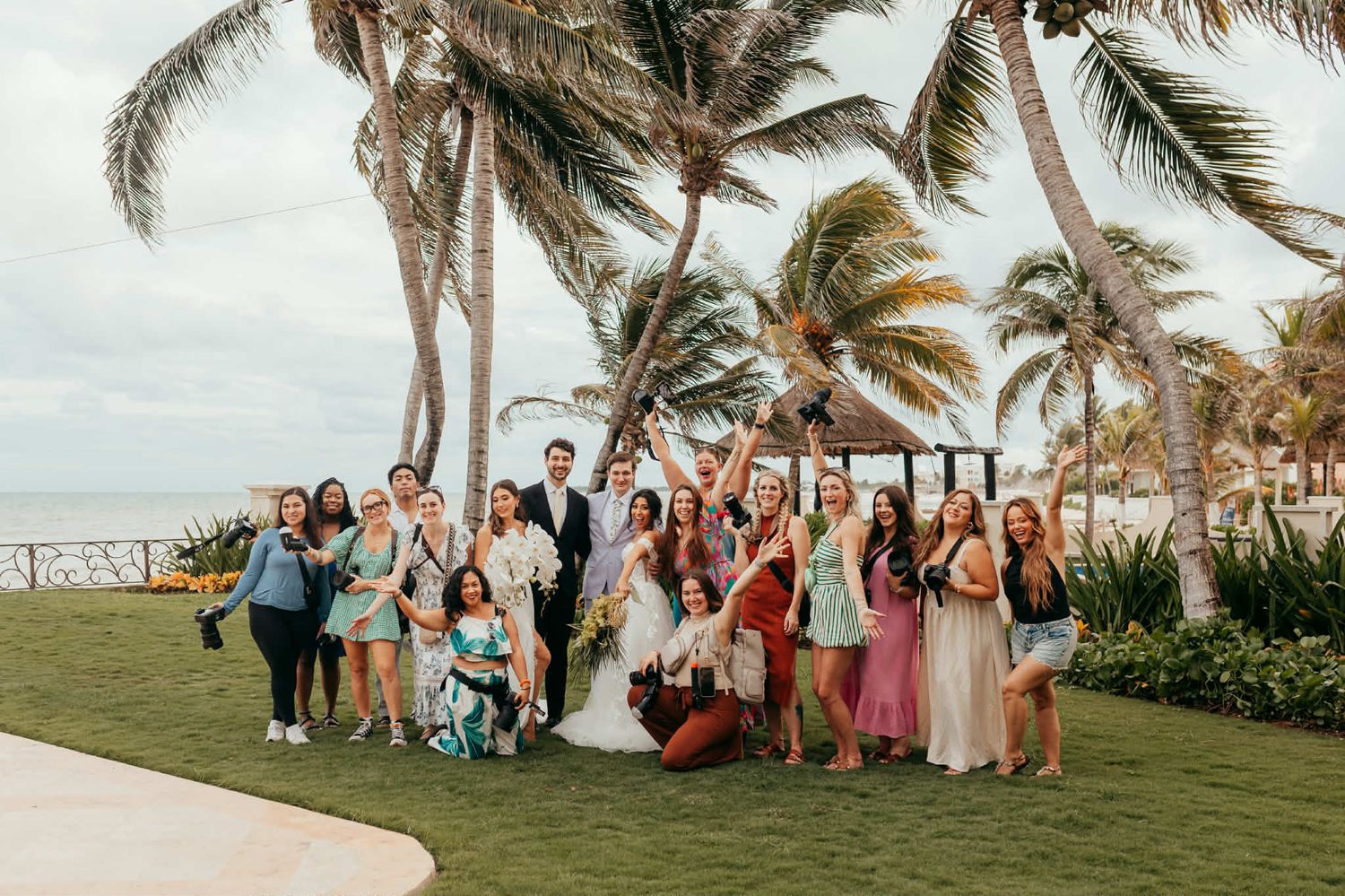 A panoramic collage of a beach wedding celebration with palm trees swaying in the tropical breeze at sunset.