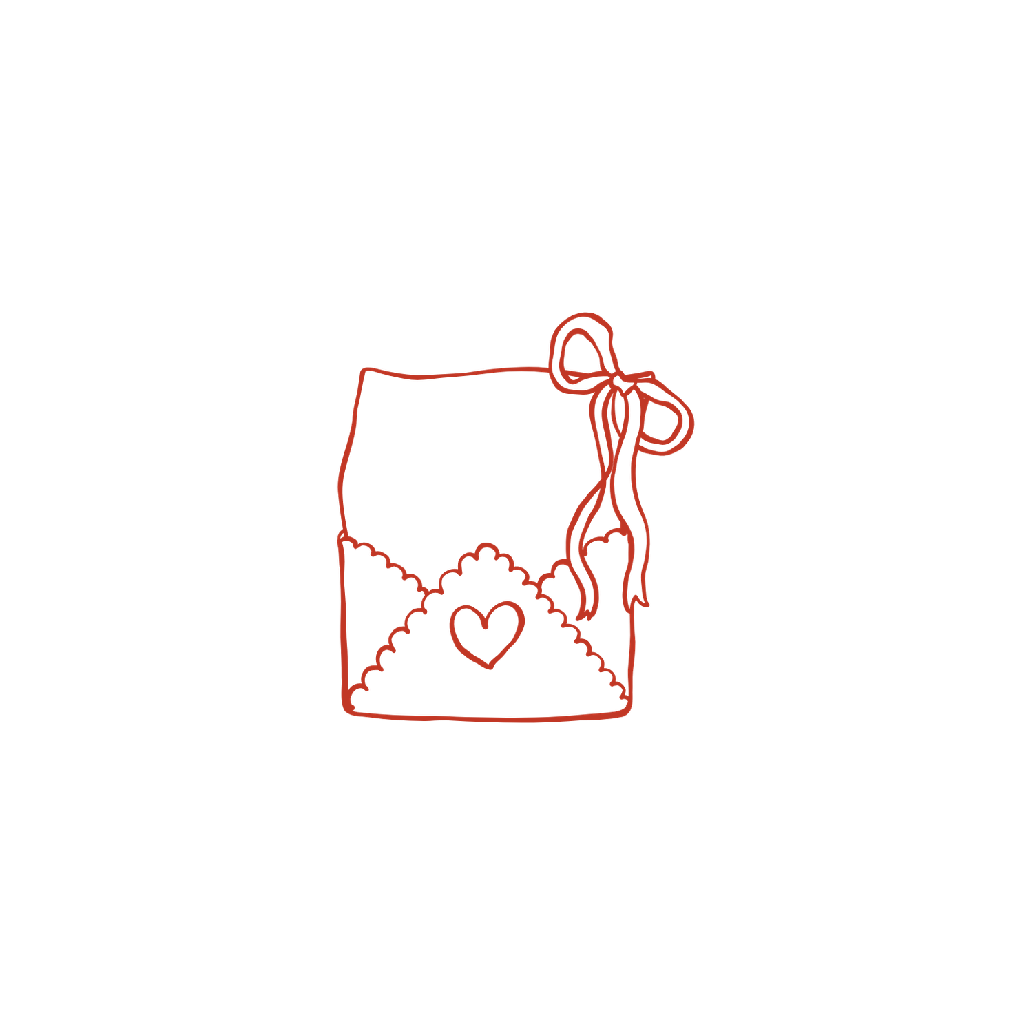 A simple red line drawing of an envelope with a heart symbol in a minimalist style.