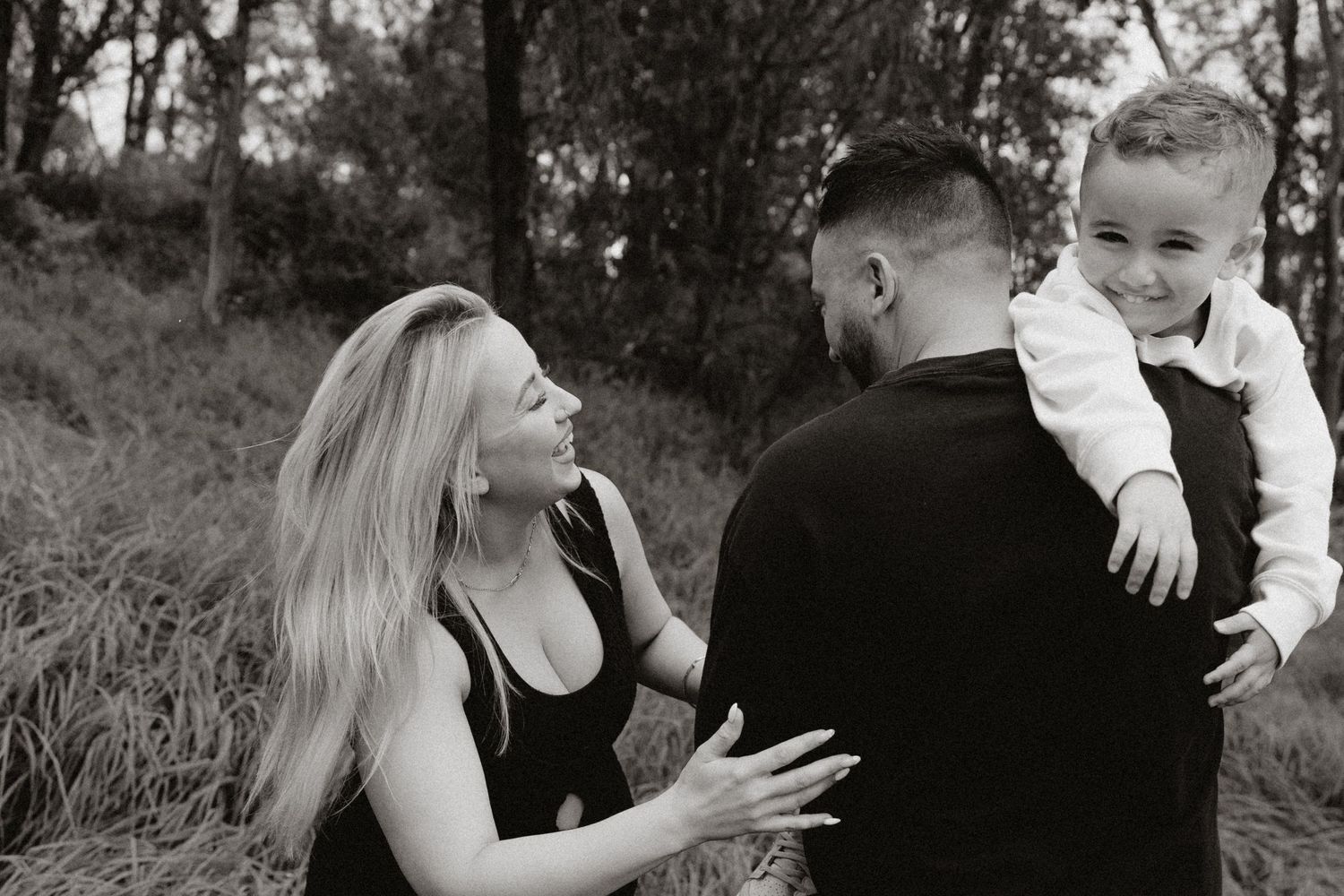 Black and white photos capturing intimate moments between two people outdoors.