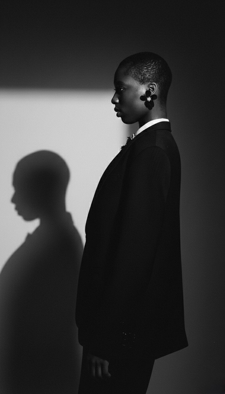 Dramatic black and white profile portrait with strong shadow cast on wall, showing figure in formal attire.