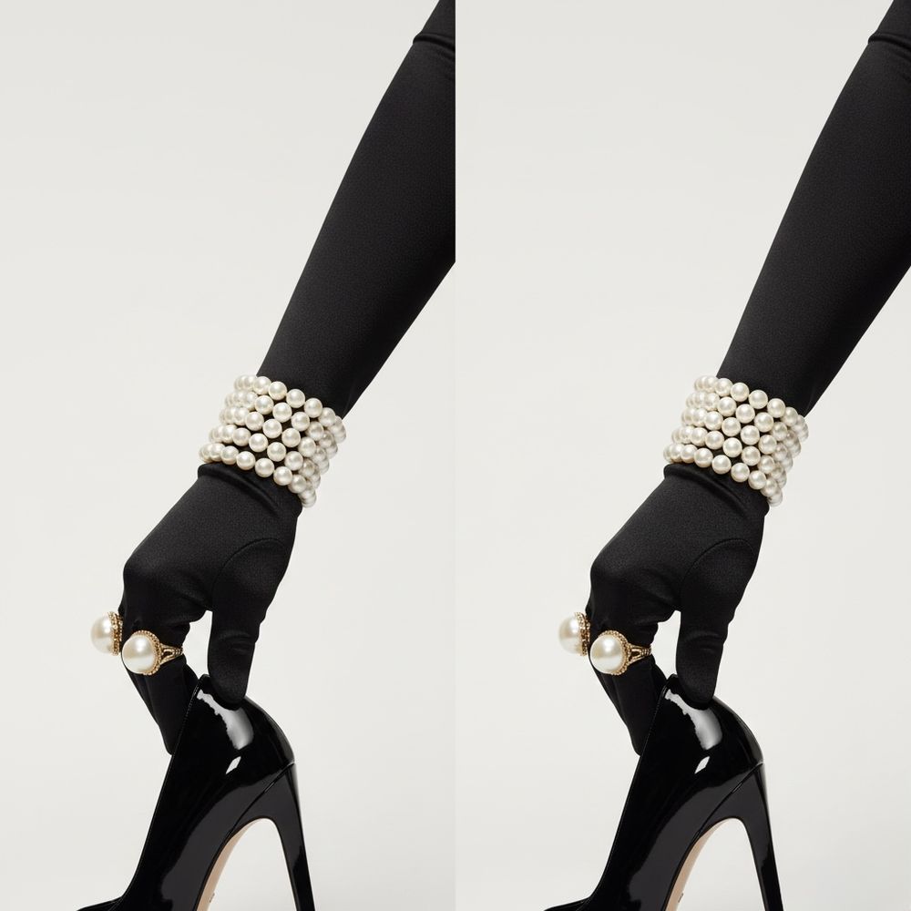 A pair of black gloved hands elegantly adorned with pearl bracelets against a white background.
