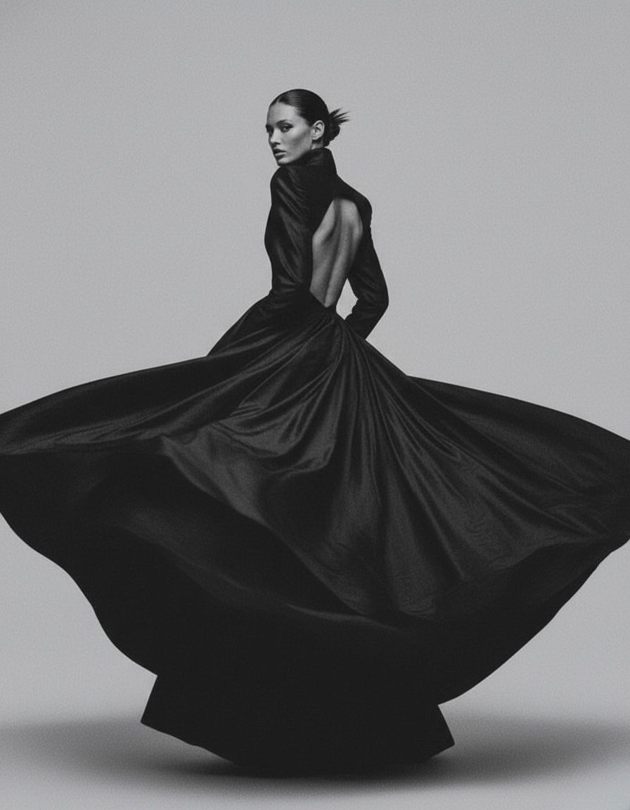 Dramatic black and white fashion photo of flowing black backless gown in motion against minimalist background.