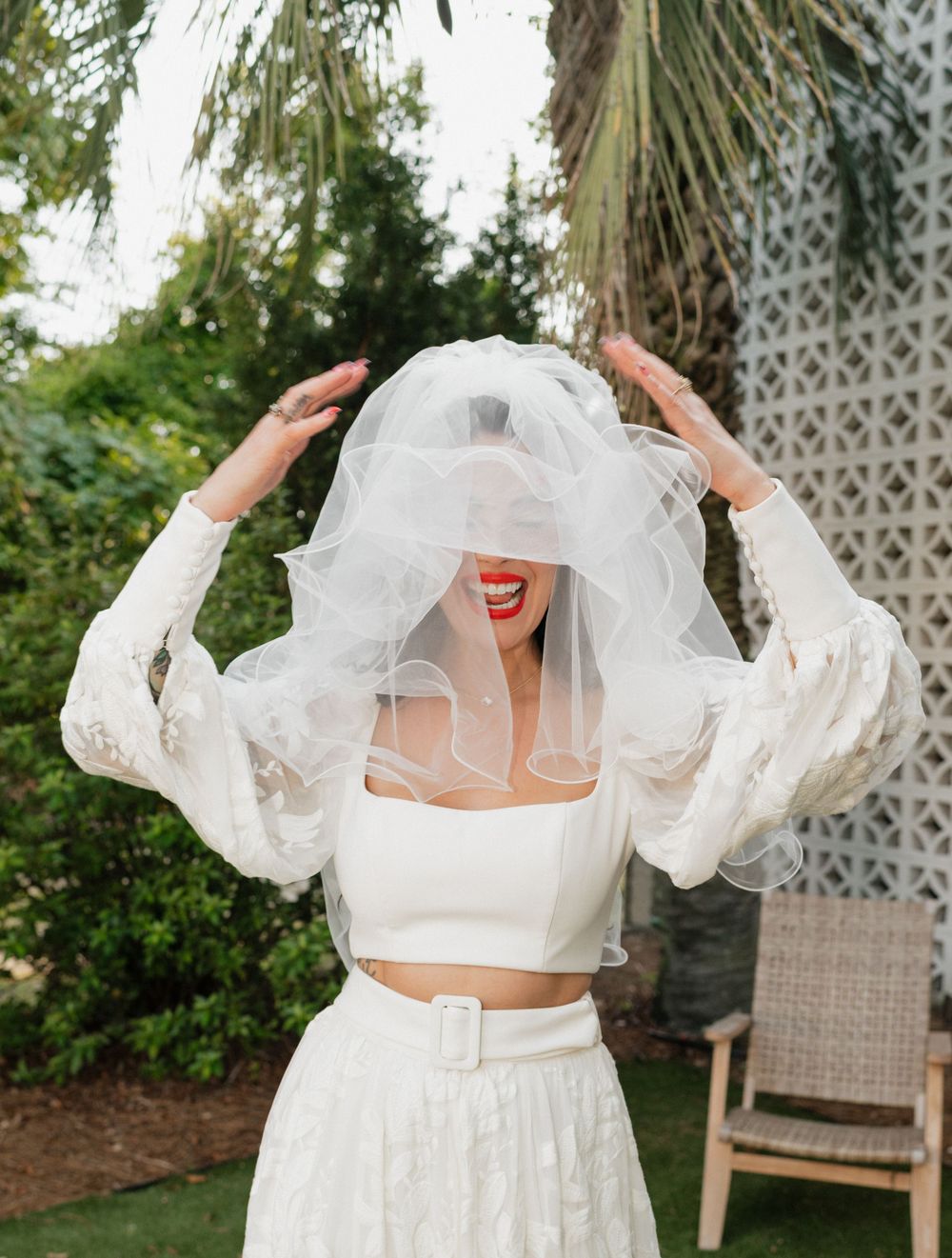 A series of photos showing white lace fabric with puffy sleeves against a garden backdrop with decorative lattice.