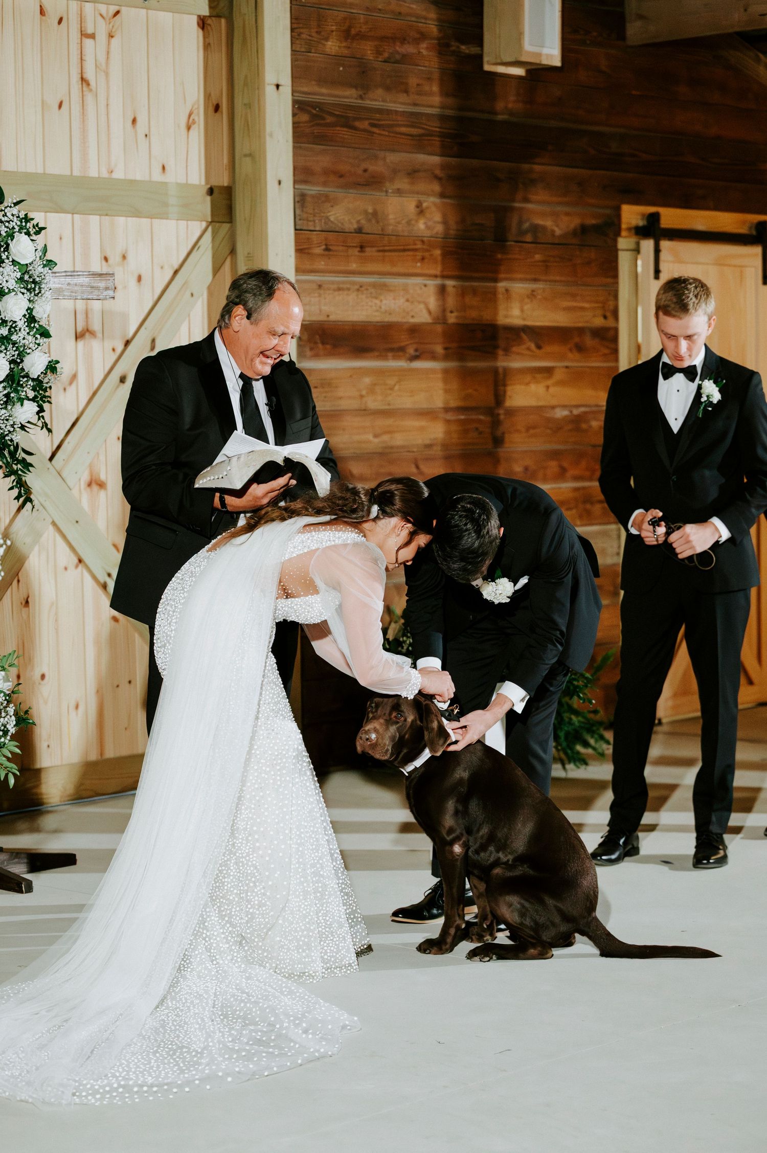 A wedding ceremony in a rustic barn venue where a chocolate lab dog participates in the celebration.