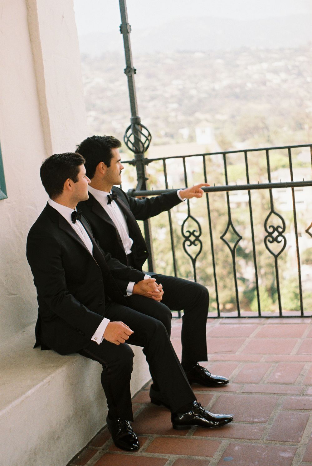 A 35mm film photo of two grooms from Louisiana at the Santa Barbara County courthouse