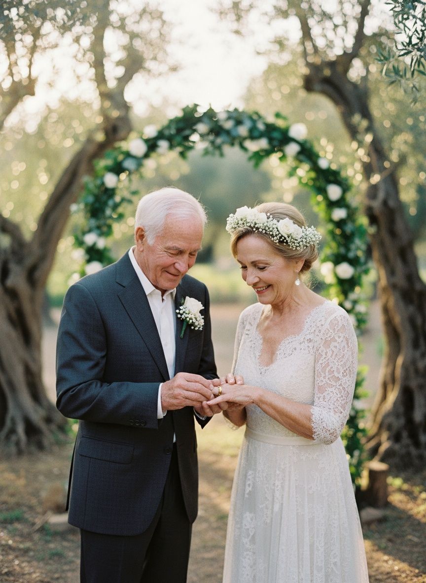 A romantic wedding ceremony under a floral arch with two people exchanging rings in an outdoor garden setting.