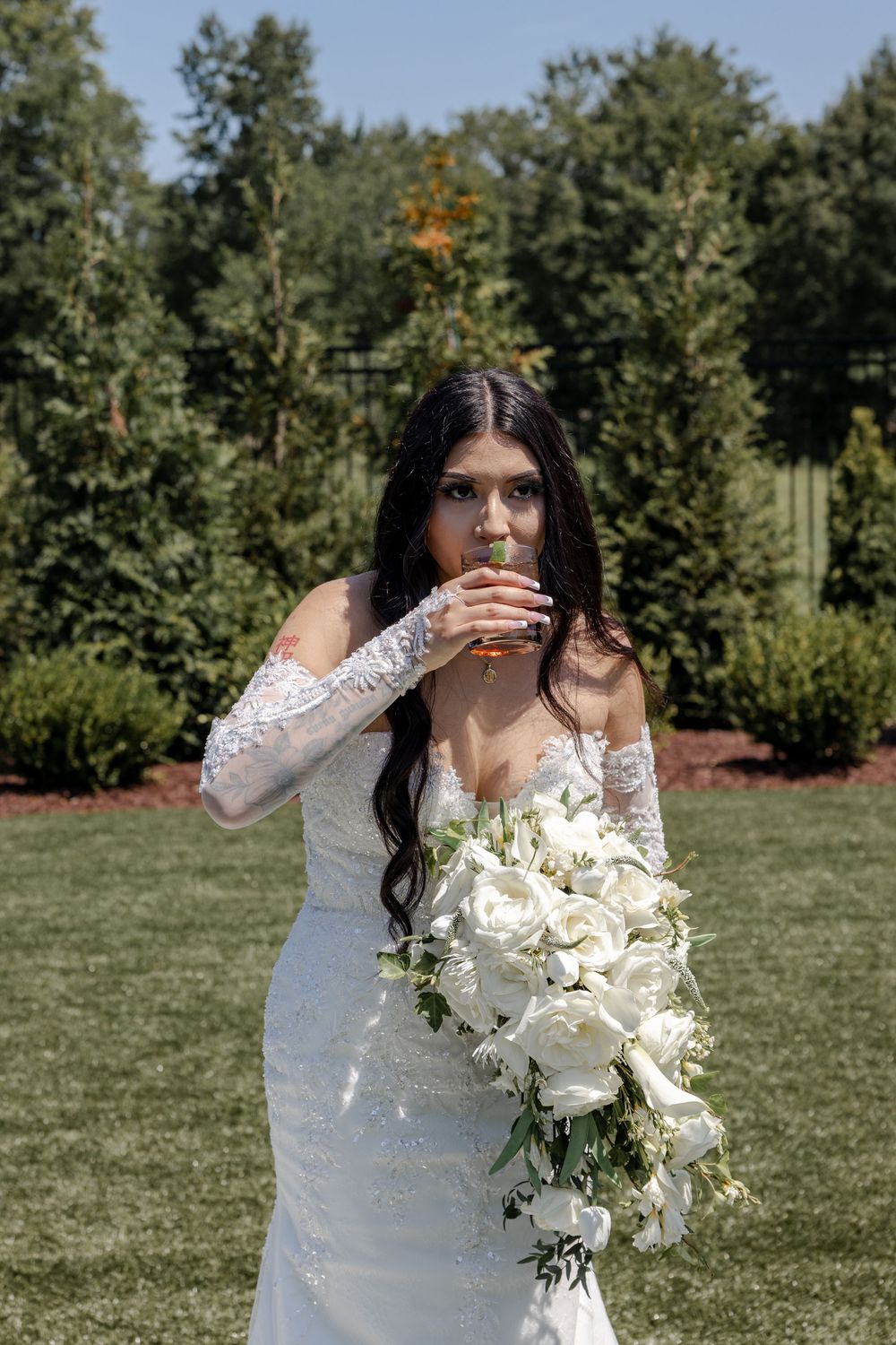 A sequence of wedding photos showing someone in a white lace dress holding a bouquet of white lilies in a sunny garden setting.