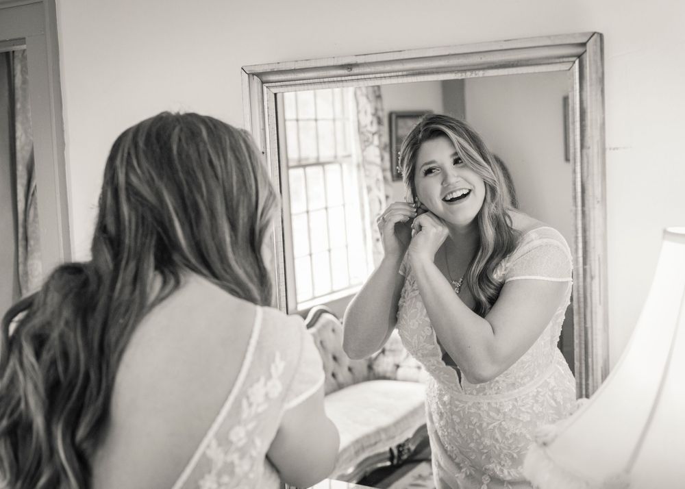 Series of getting ready moments showing bridal preparations with elegant white dress and accessories.