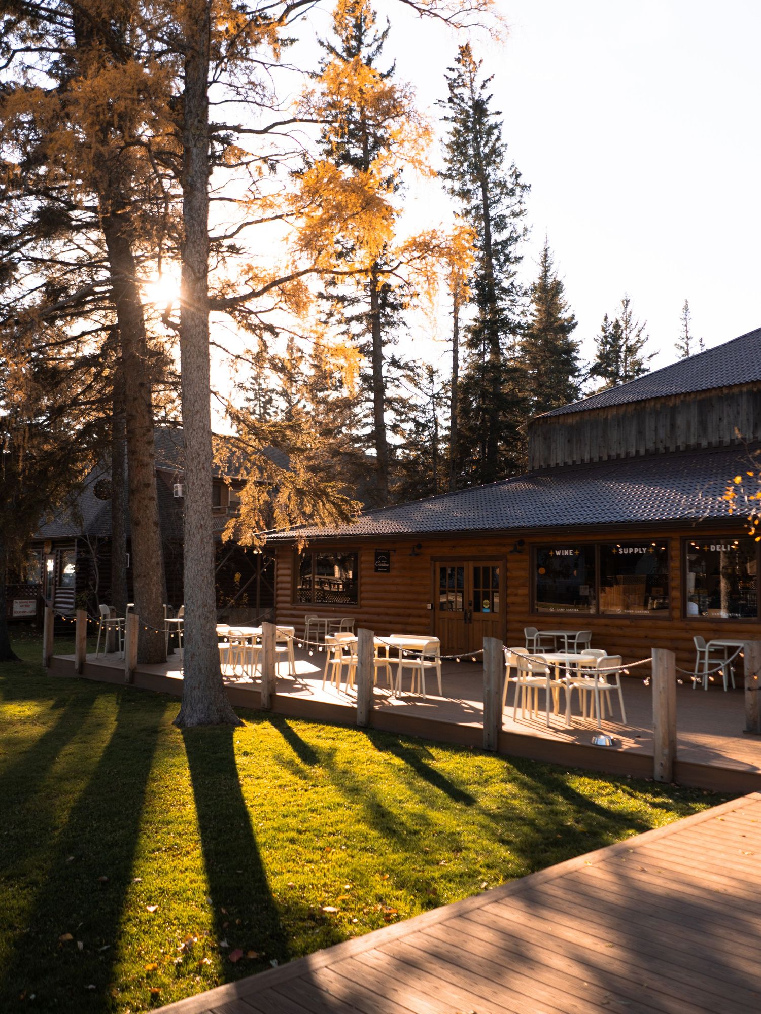 Rustic wooden restaurant deck with outdoor seating area surrounded by tall pine trees in golden sunlight.