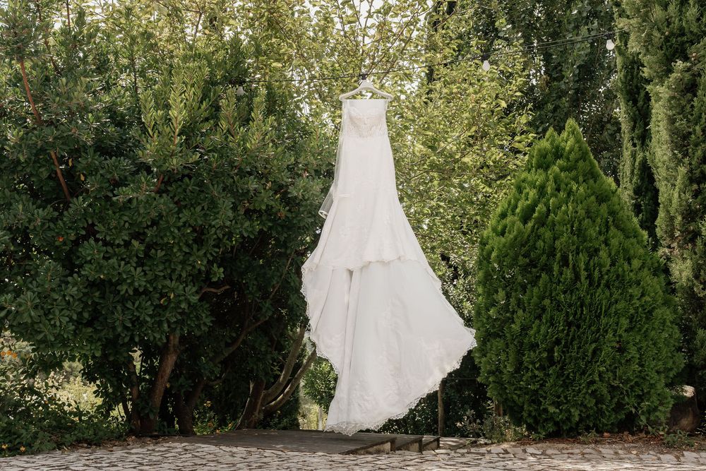 A bride in a flowing white wedding gown poses elegantly among lush green garden foliage on her special day.