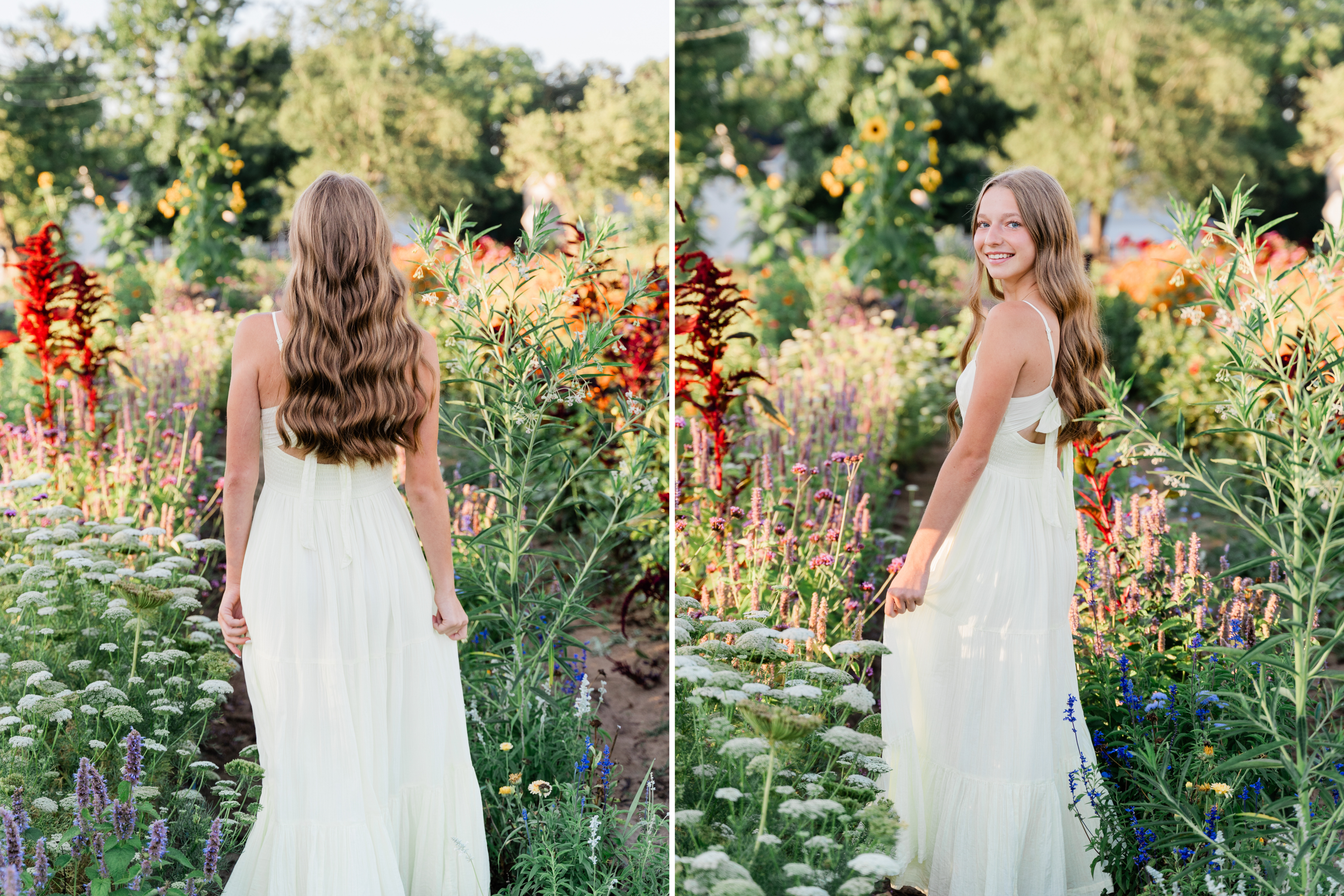 A white dress flows gracefully through a vibrant summer garden filled with colorful wildflowers and greenery.