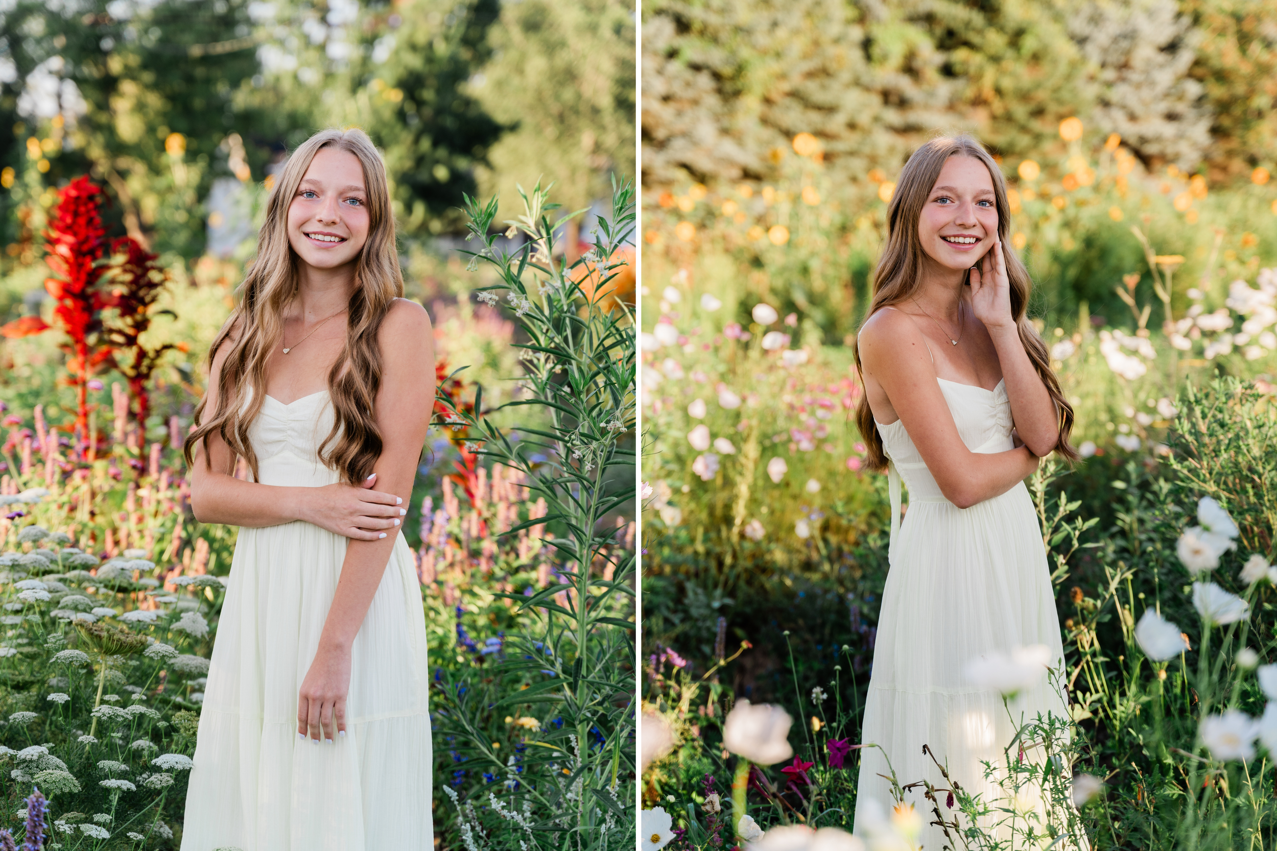 A figure in a flowing white dress stands gracefully among blooming summer flowers in a sunlit garden setting.
