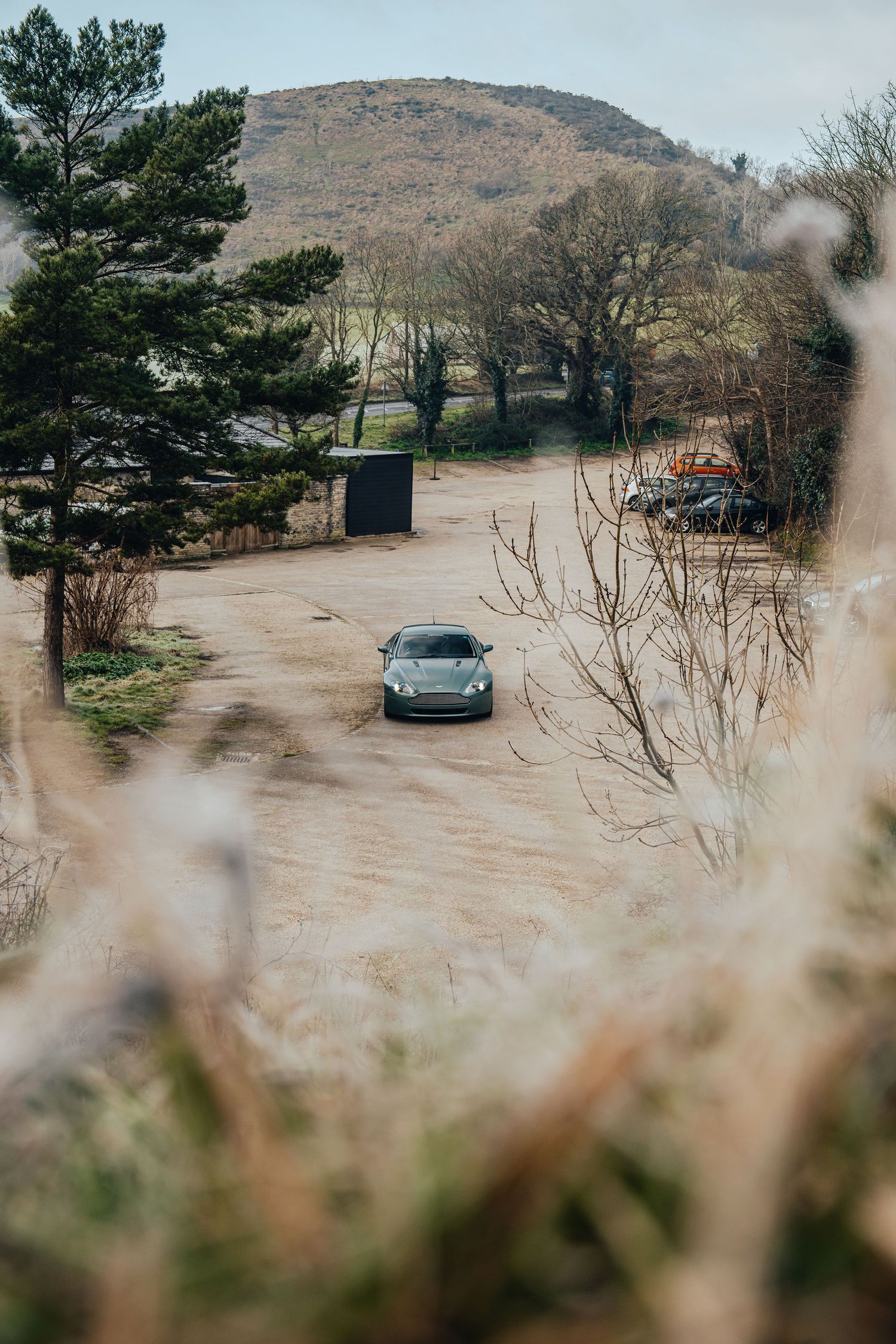 A silver sports car parked in a scenic mountain landscape with bare trees.