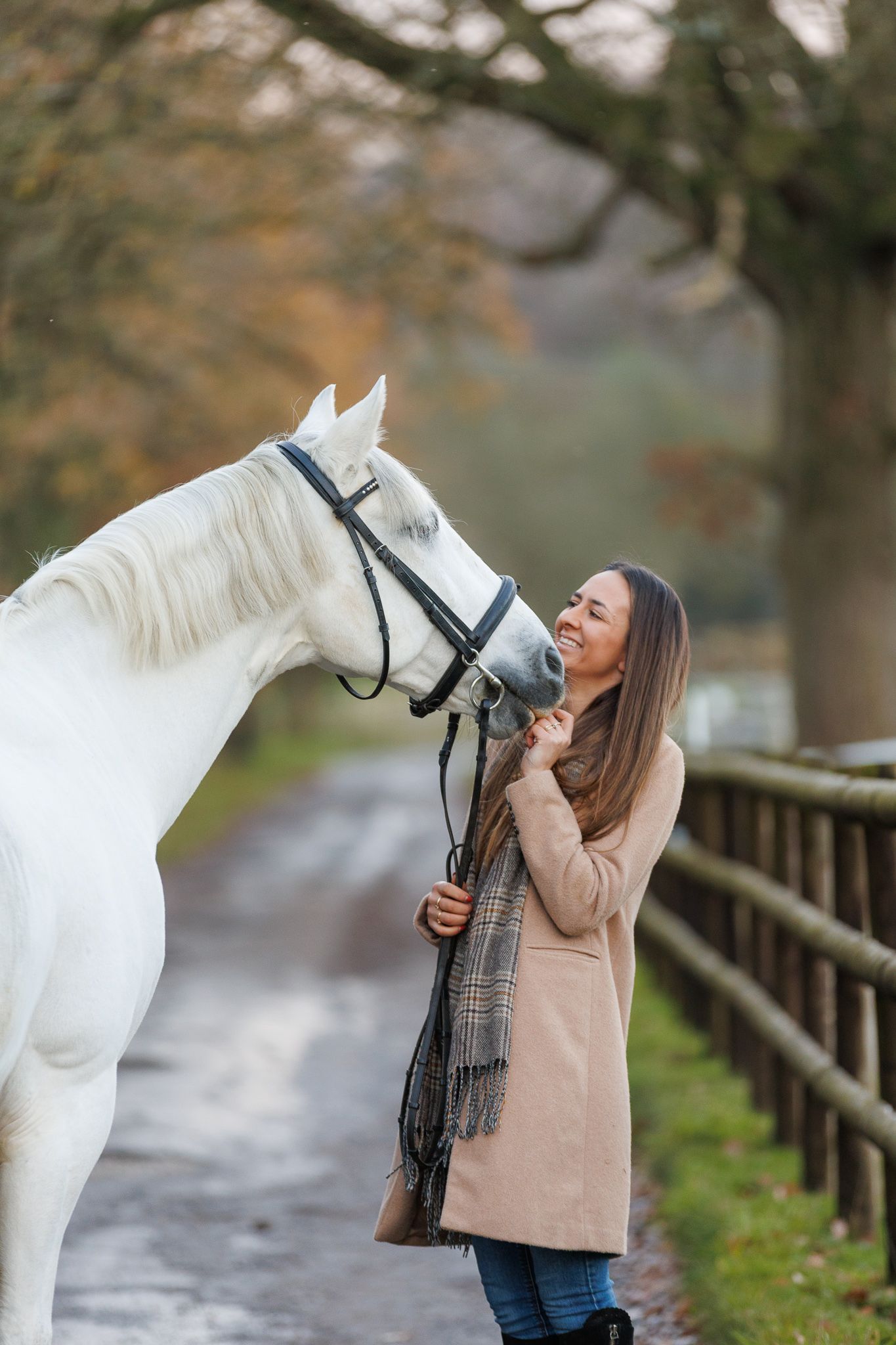 A series of photos showing a person with red hair interacting with a dark horse in a soft-focus outdoor setting.