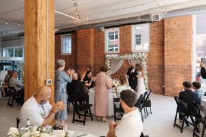 A collage of photos showing a senior living facility with exposed brick walls and residents gathered in common areas.