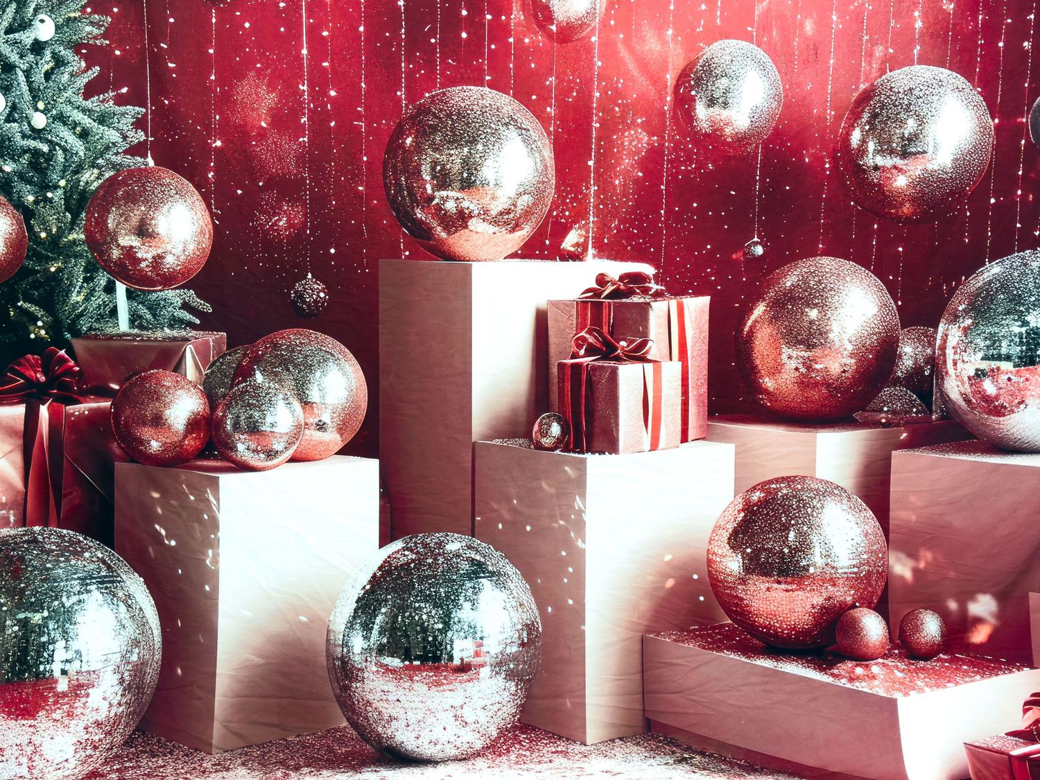 Glittering silver disco balls and red gift boxes create a festive holiday display with shimmering decorative lighting.