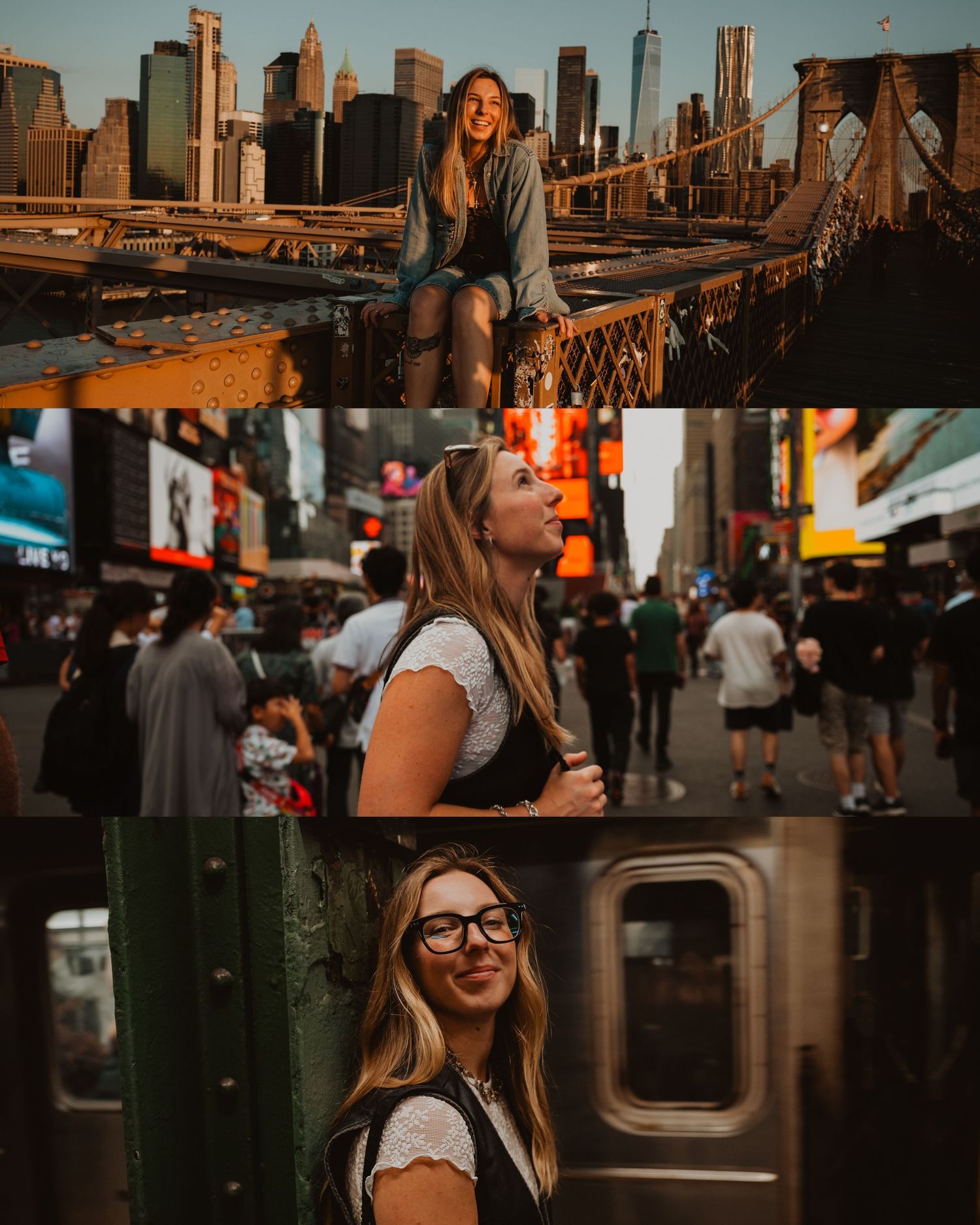 People enjoying the urban atmosphere near Manhattan skyline at golden hour with modern architecture in background.