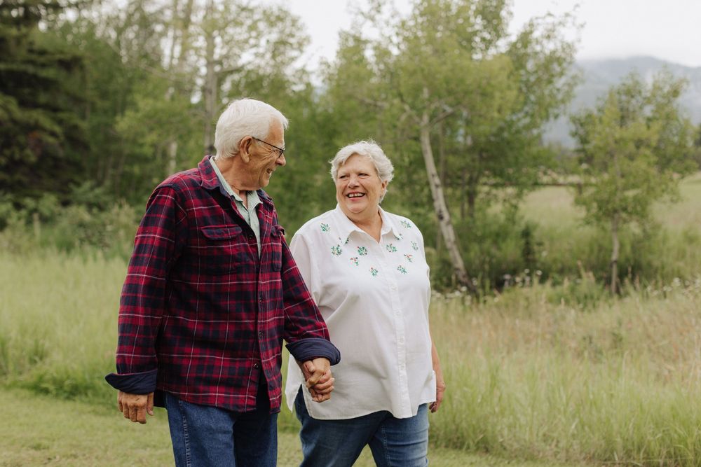 Two people stroll together through a grassy meadow with mountains in the distance.