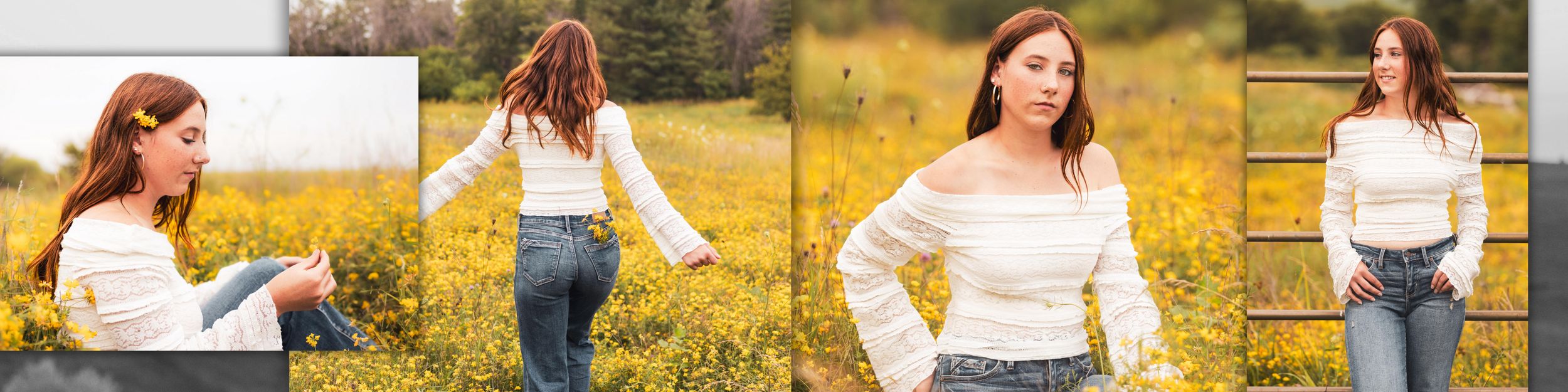 Series of five connected images showing a couple enjoying a romantic moment in a golden sunlit field together.