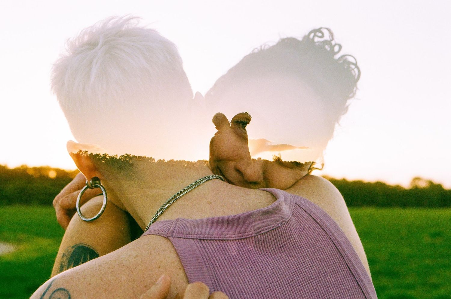 Creative double exposure anniversary portrait of LGBTQ+ couple in Perth, soft and intimate queer love captured on film.