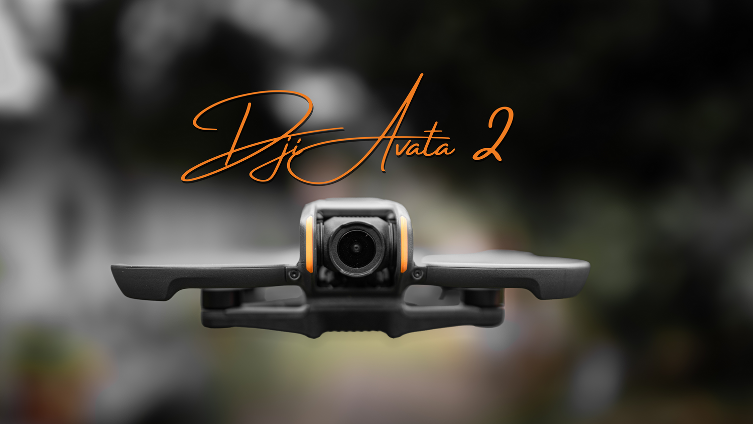 A DJI Avata 2 drone camera hovers dramatically against a blurred dark background.