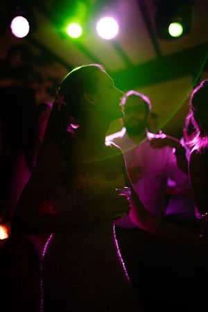 Dramatic silhouettes perform against vibrant green and purple concert lighting creating an atmospheric stage scene.