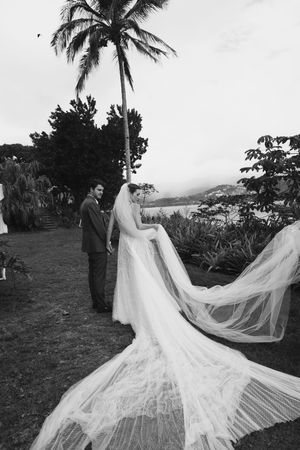 A beautiful tropical wedding scene with a flowing white veil catching the breeze beneath a palm tree in black and white.