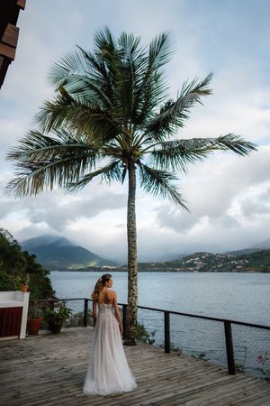 A wedding scene on a waterfront deck surrounded by palm trees and mountains with cloudy skies in the background.